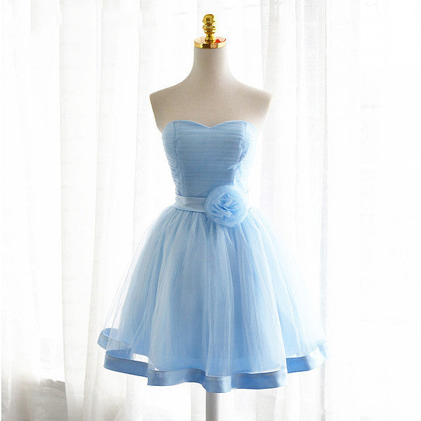 Light Blue Tulle Sweetheart with Bow Cute Party Dress, Blue Short Homecoming Dress Prom Dress