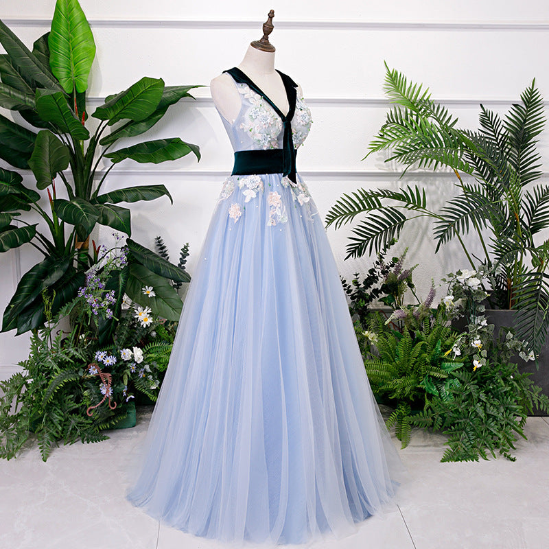 Light Blue Tulle with Flowers Lace Long Evening Dress Prom Dress, A-line Party Dresses