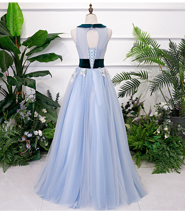 Light Blue Tulle with Flowers Lace Long Evening Dress Prom Dress, A-line Party Dresses