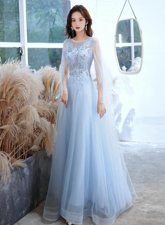 Blue Tulle with Lace Elegant A-line New Sytle Party Dress Prom Dress, Blue Formal Dress