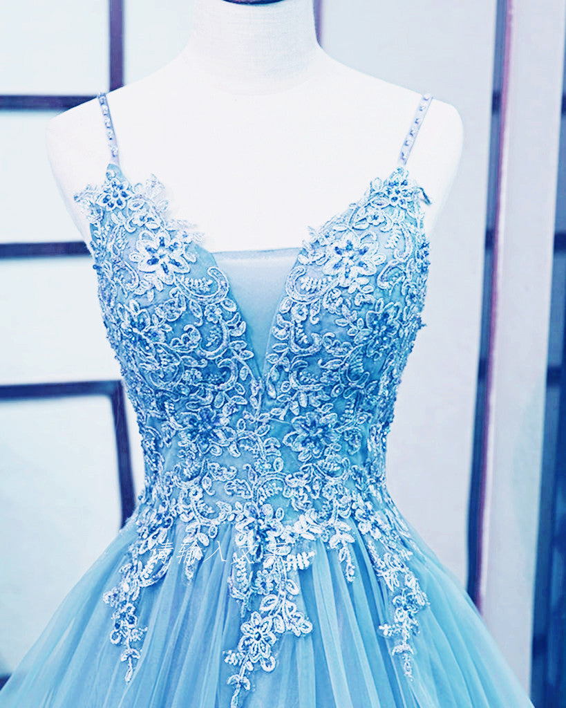 Light Blue V-neckline Lace Prom Dress with Corset Back, Light Blue Lon Cutedressy Light Blue V-neckline Lace Prom Dress with Corset Back, Light Blue Lon Cutedressy