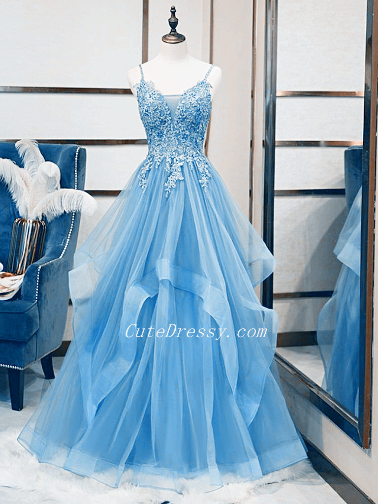 Light Blue V-neckline Lace Prom Dress with Corset Back, Light Blue Long Evening Dresses