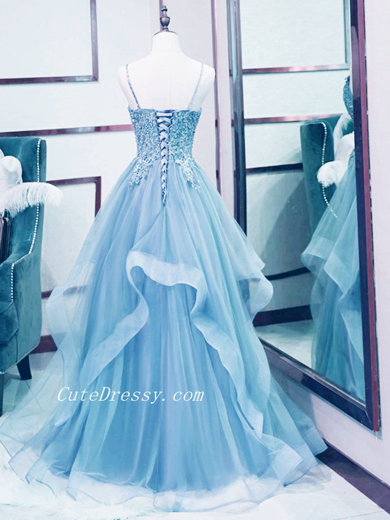Light Blue V-neckline Lace Prom Dress with Corset Back, Light Blue Long Evening Dresses Light Blue V-neckline Lace Prom Dress with Corset Back, Light Blue Long Evening Dresses