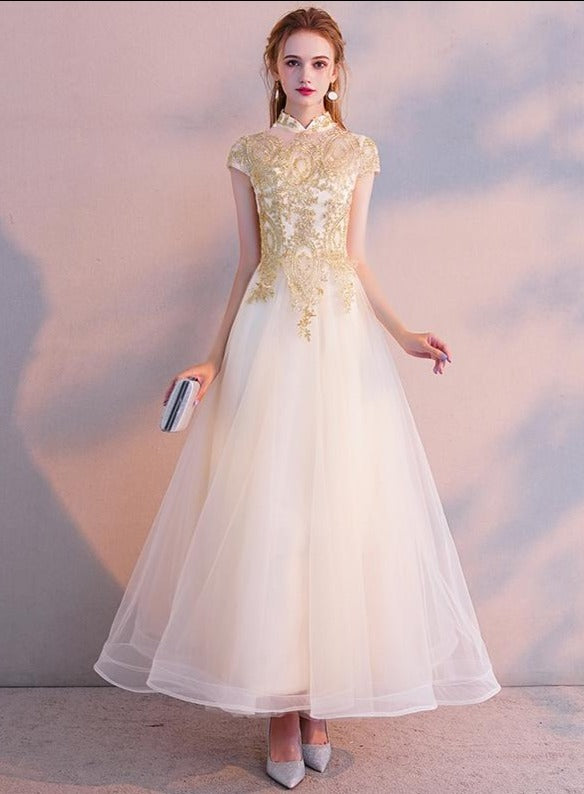 Light Champagne Cute Tulle High Neckline with Gold Lace, Lovely Long Party Dresses Formal Dresses