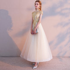 Light Champagne Cute Tulle High Neckline with Gold Lace, Lovely Long Party Dresses Formal Dresses