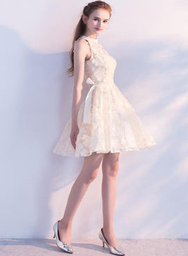 Light Champagne Lace Knee Length Halter Party Dresses, Short Lace Homecoming Dresses