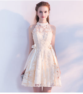 Light Champagne Lace Knee Length Halter Party Dresses, Short Lace Homecoming Dresses