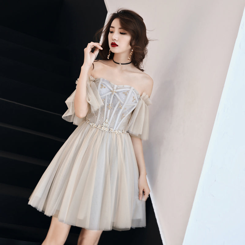 Light Champagne Tulle Beaded Sweetheart Homecoming Dress, Short Prom D Cutedressy Light Champagne Tulle Beaded Sweetheart Homecoming Dress, Short Prom D Cutedressy