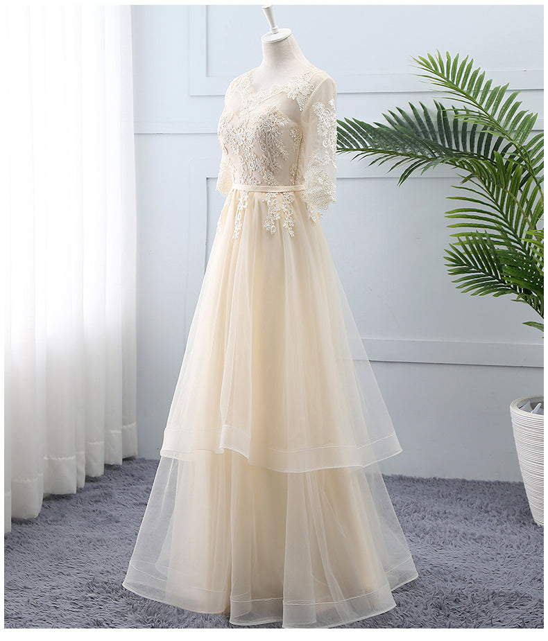 Light Champagne Tulle Lace Short Sleeves Wedding Party Dress, A-line Long Formal Dress Prom Dress