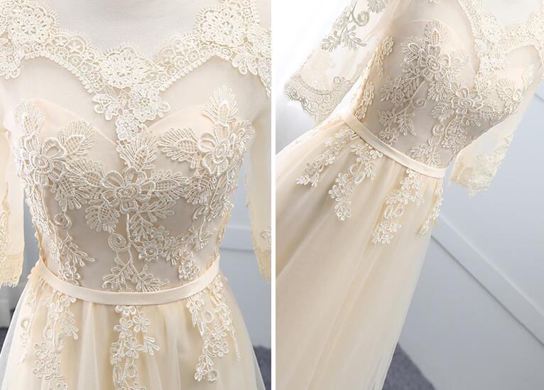 Light Champagne Tulle Square Short Sleeve Prom Dress main image 1