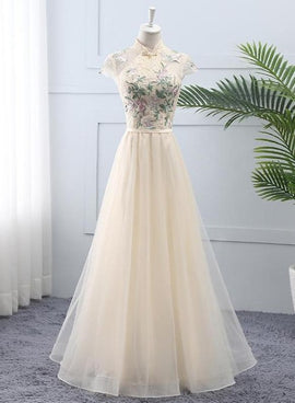 Light Champagne Tulle and Lace High Neckline Long Party Dress, A-line Tulle Bridesmaid Dress