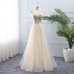 Light Champagne Tulle and Lace High Neckline Long Party Dress, A-line Tulle Bridesmaid Dress