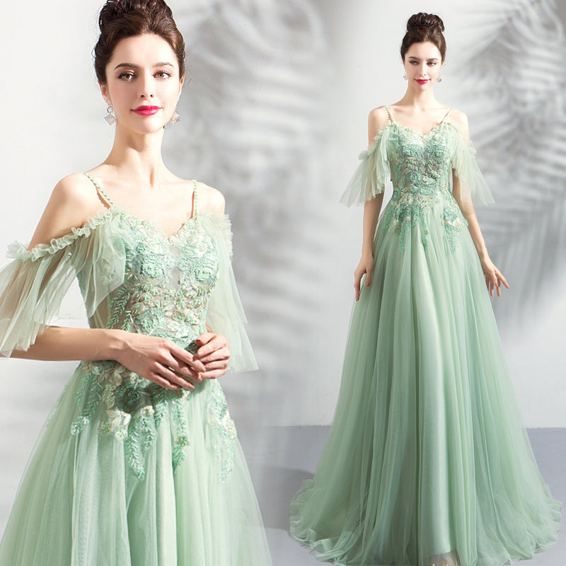 Light Green Lace Flowers V-neckline Straps Long Tulle Prom Dress, A-line Evening Dress Party Dress