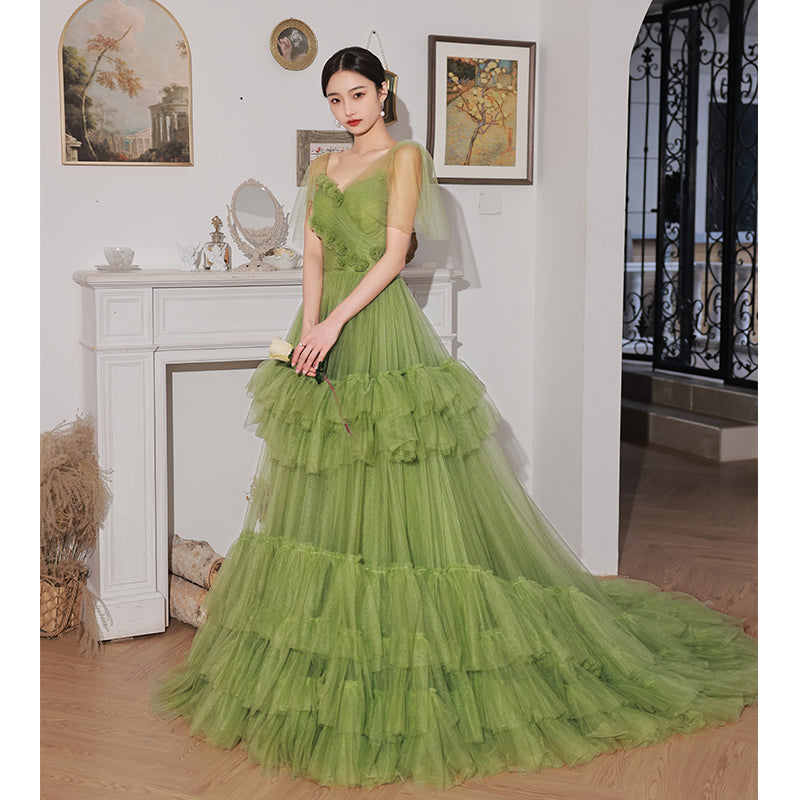 green layered dress Light Green Layers Tulle Sweetheart Long Formal Dresses, Tulle Wedding – Cutedressy