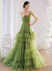 Light Green Layers Tulle Sweetheart Long Formal Dresses, Tulle Wedding Party Dresses