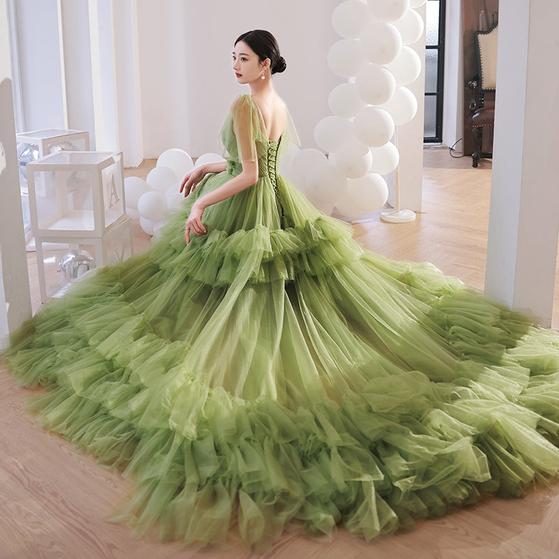 Light Green Layers Tulle Sweetheart Long Formal Dresses, Tulle Wedding Party Dresses