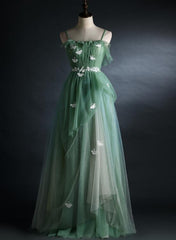 Light Green Straps Tulle Floor Length A-line Prom Dress, Tulle Scoop Party Dress Formal Dress