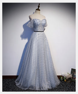 Light Grey Sweetheart Off Shoulder Long Party Dress, A-line Tulle Prom Dress Evening Dress