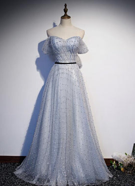 Light Grey Sweetheart Off Shoulder Long Party Dress, A-line Tulle Prom Dress Evening Dress