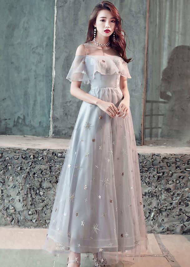 Light Grey Tulle A-line Simple Long Party Dress, Grey Evening Dresses Cutedressy Light Grey Tulle A-line Simple Long Party Dress, Grey Evening Dresses Cutedressy