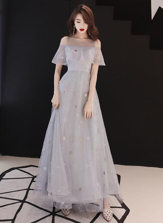 Light Grey Tulle A-line Simple Long Party Dress, Grey Evening Dresses Prom Dresses
