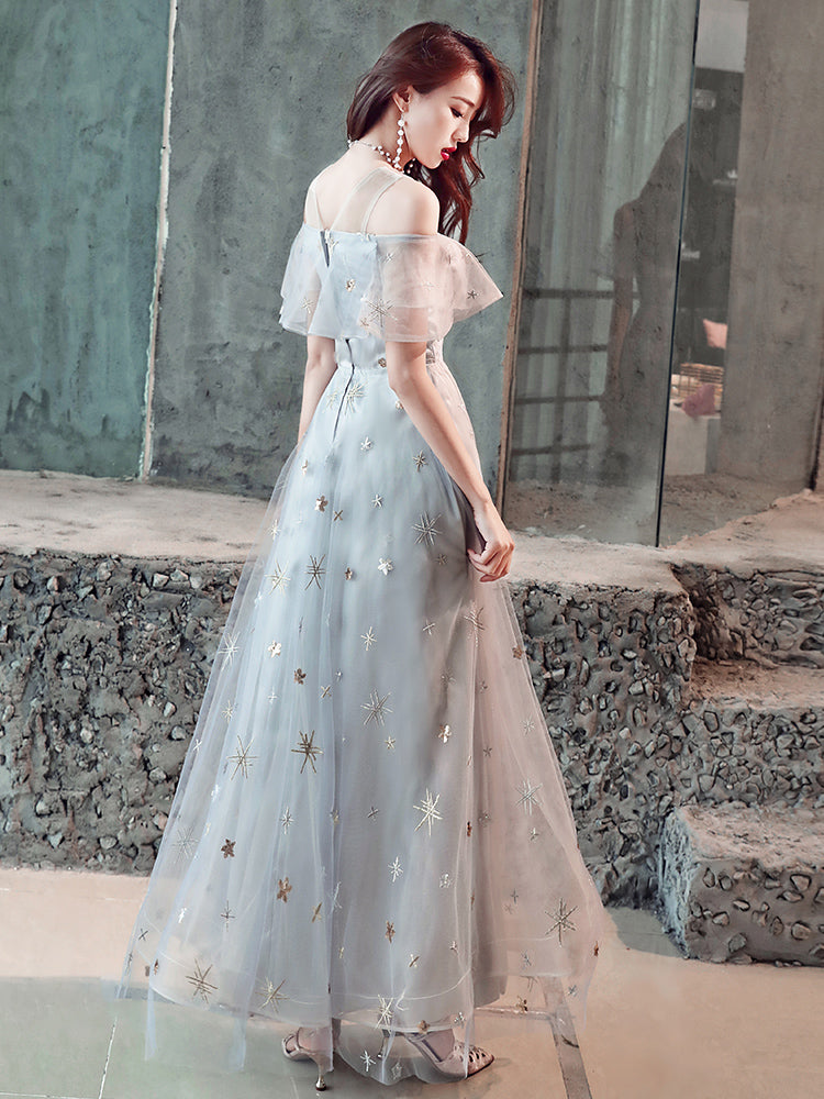 Light Grey Tulle A-line Simple Long Party Dress, Grey Evening Dresses Cutedressy Light Grey Tulle A-line Simple Long Party Dress, Grey Evening Dresses Cutedressy
