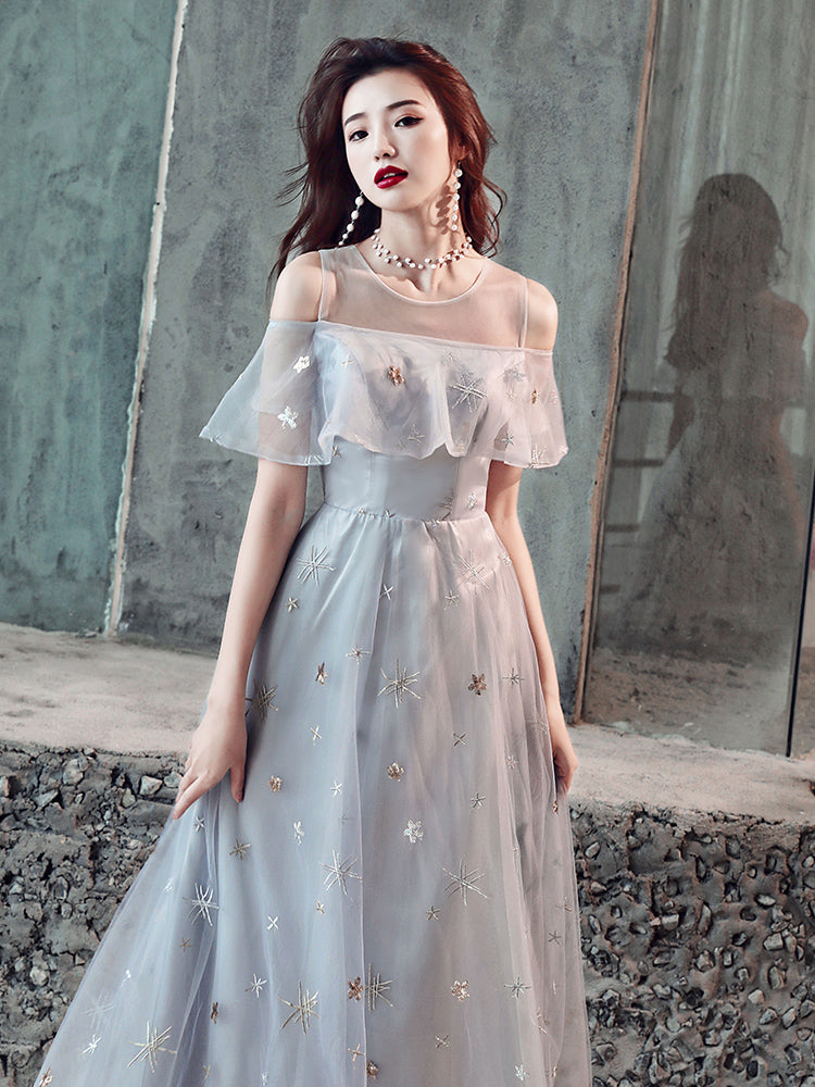 Light Grey Tulle A-line Simple Long Party Dress, Grey Evening Dresses Prom Dresses Light Grey Tulle A-line Simple Long Party Dress, Grey Evening Dresses Prom Dresses