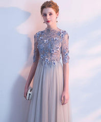 Light Grey Tulle Long Lace Applique Flowers Wedding Party Dresses, A-line Tulle Evening Dress Prom Dress