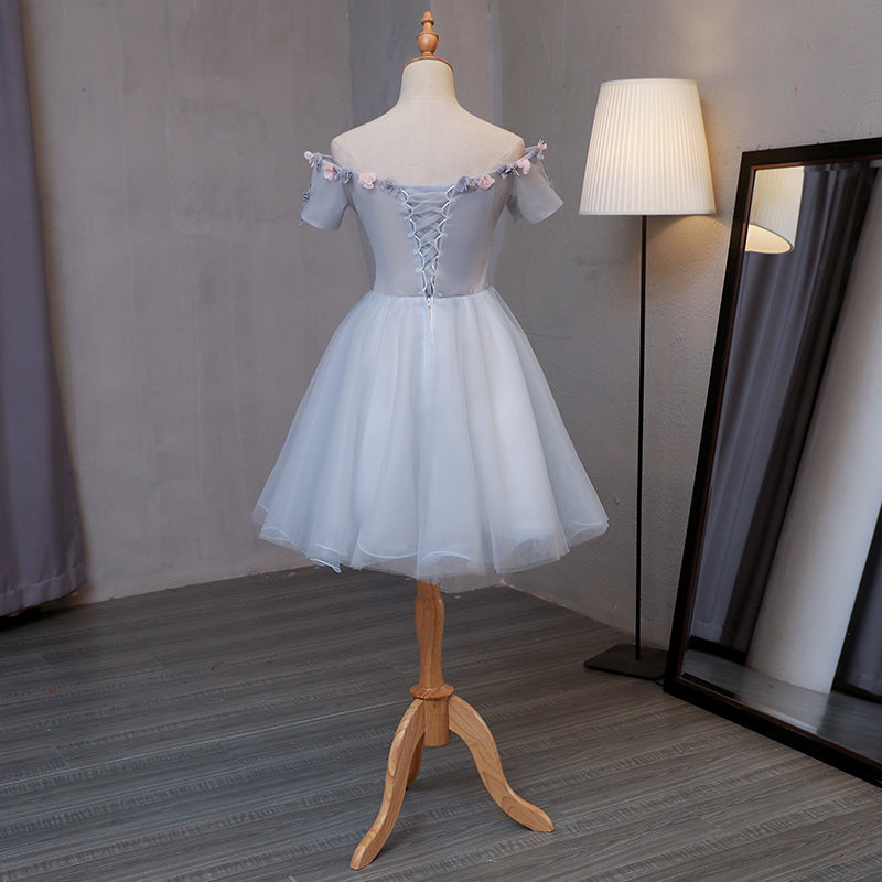 Light Grey Tulle Short Prom Dress with Flowers, Grey Homecoming Dress Graduation Dress