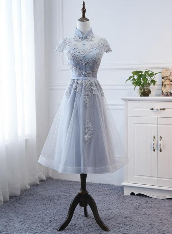 Light Grey Tulle with Lace Short Party Dress Homecoming Dress, Cap Sleeves Formal Dress