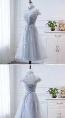 Light Grey Tulle with Lace Short Party Dress Homecoming Dress, Cap Sleeves Formal Dress