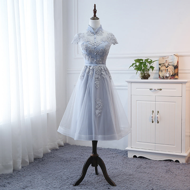 Light Grey Tulle with Lace Short Party Dress Homecoming Dress, Cap Sle Cutedressy Light Grey Tulle with Lace Short Party Dress Homecoming Dress, Cap Sle Cutedressy