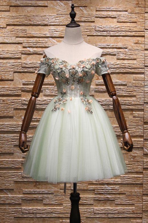Light Mint Green Knee Length Floral Lace Sweetheart Party Dress, Tulle Short Homecoming Dress