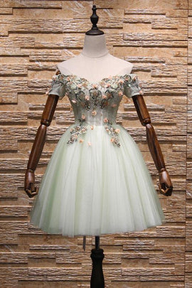 Light Mint Green Knee Length Floral Lace Sweetheart Party Dress, Tulle Short Homecoming Dress
