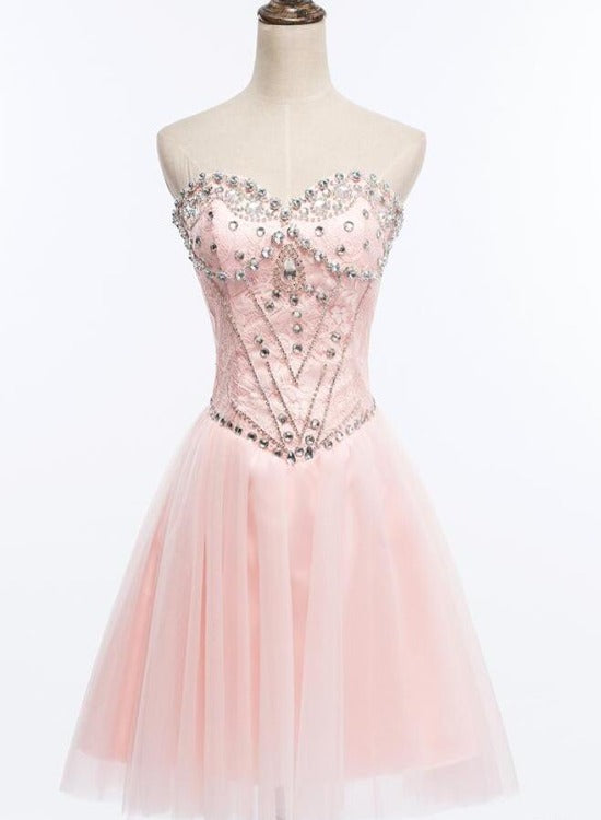 Light Pink Beaded Tulle and Lace Sweetheart Homecoming Dress, Pink Tulle Prom Dress