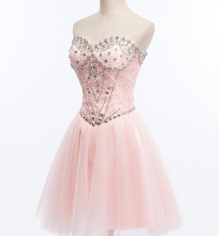 Light Pink Beaded Tulle and Lace Sweetheart Homecoming Dress, Pink Tulle Prom Dress