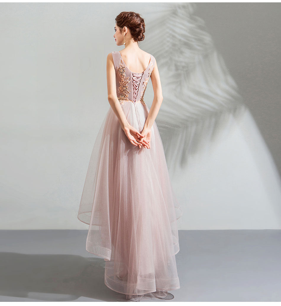 light pink tulle dress Light Pink V-neckline Lace Applique High Low Party Dress, Pink Tulle S – Cutedressy