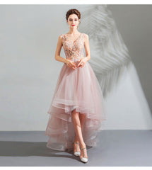 Light Pink V-neckline Lace Applique High Low Party Dress, Pink Tulle Short Homecoming Dresses