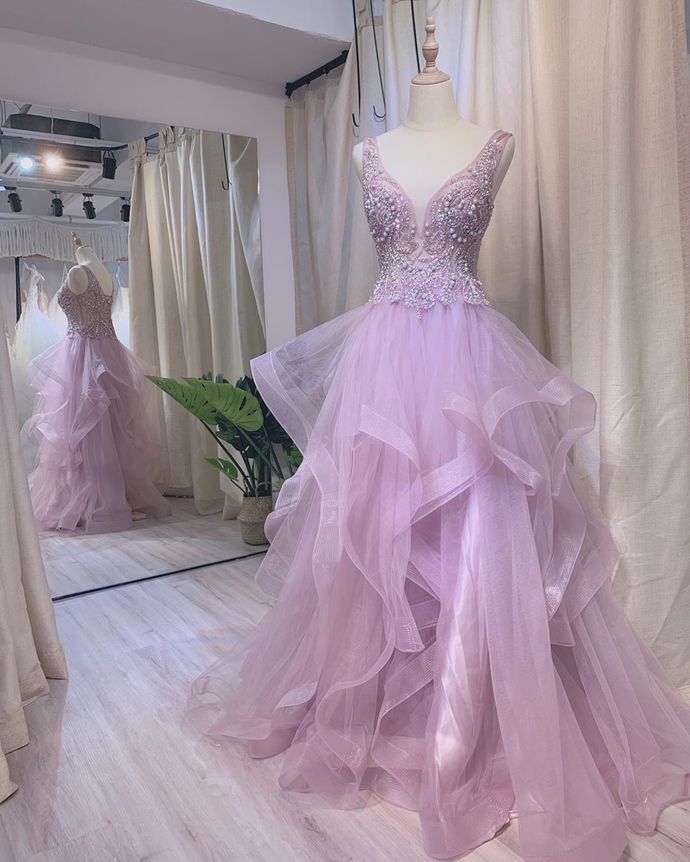Light Purple Tulle Beaded Layers Floor Length Formal Gown, Long Purple Cutedressy Light Purple Tulle Beaded Layers Floor Length Formal Gown, Long Purple Cutedressy