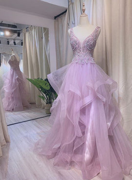 Light Purple Tulle Beaded Layers Floor Length Formal Gown, Long Purple Evening Dress Prom Dress