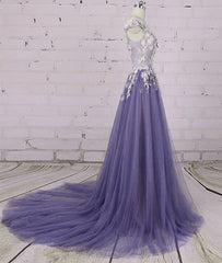 Light Purple Tulle Floral Long A-line Prom Dress Wedding Party Dress, Lace Flowers Party Dress