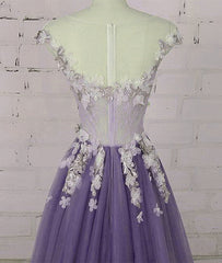 Light Purple Tulle Floral Long A-line Prom Dress Wedding Party Dress, Lace Flowers Party Dress
