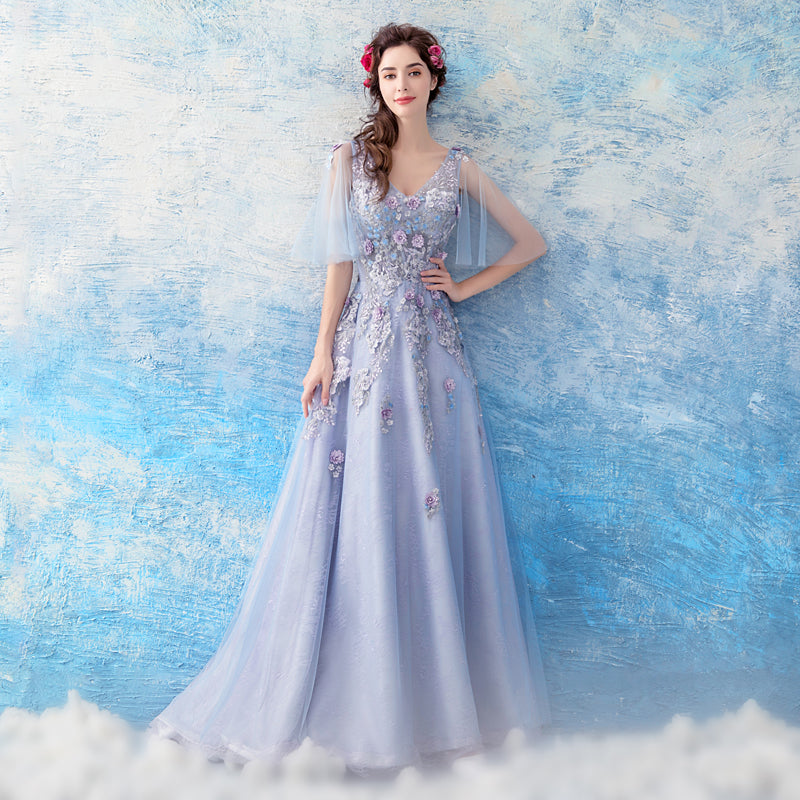 Light Purple Tulle Flowers Lace A-line V-neckline Prom Dress,Purple Ne Cutedressy Light Purple Tulle Flowers Lace A-line V-neckline Prom Dress,Purple Ne Cutedressy