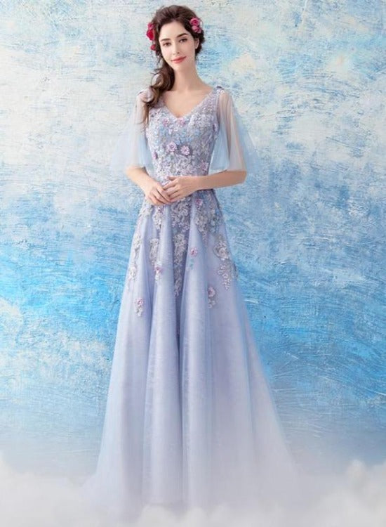 Light Purple Tulle Flowers Lace A-line V-neckline Prom Dress,Purple New Party Dresses
