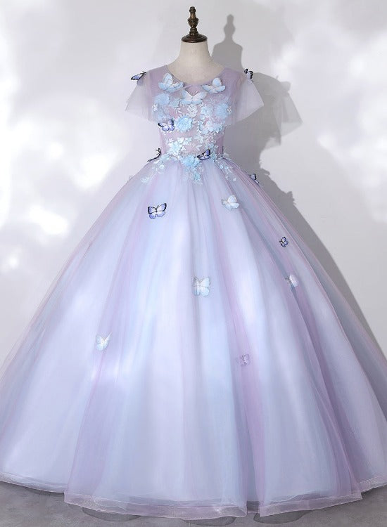 Light Purple Tulle with Butterfly Ball Gown Sweet 16 Dresses, Cute Long Evening Dresses