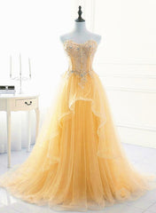 Light Yellow Beaded Tulle Long Party Dress Prom Dress, Yellow Formal Dresses
