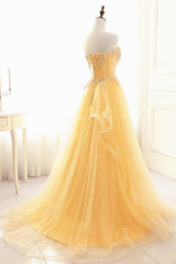 Light Yellow Beaded Tulle Long Party Dress Prom Dress, Yellow Formal Dresses