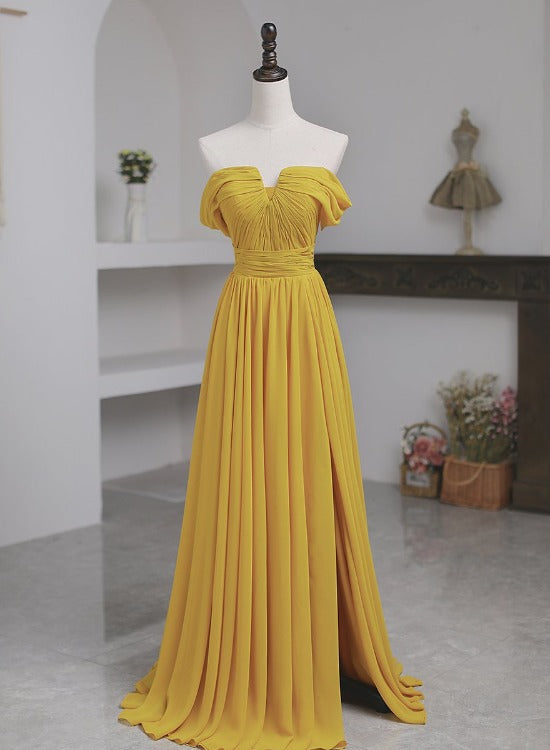 Light Yellow Chiffon Off Shoulder Sweetheart Long Party Dress, A-line Chiffon Prom Dress with Slit