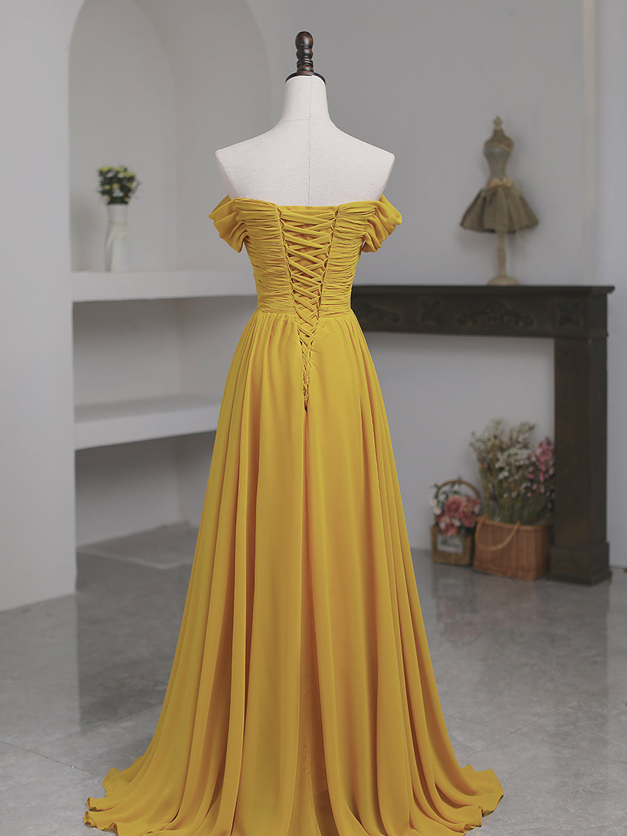 Light Yellow Chiffon Off Shoulder Sweetheart Long Party Dress, A-line – Cutedressy