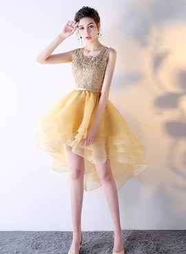 Light Yellow Organza and Lace High Low Party Dress, Short Cute Prom Dress Homecoming Dress